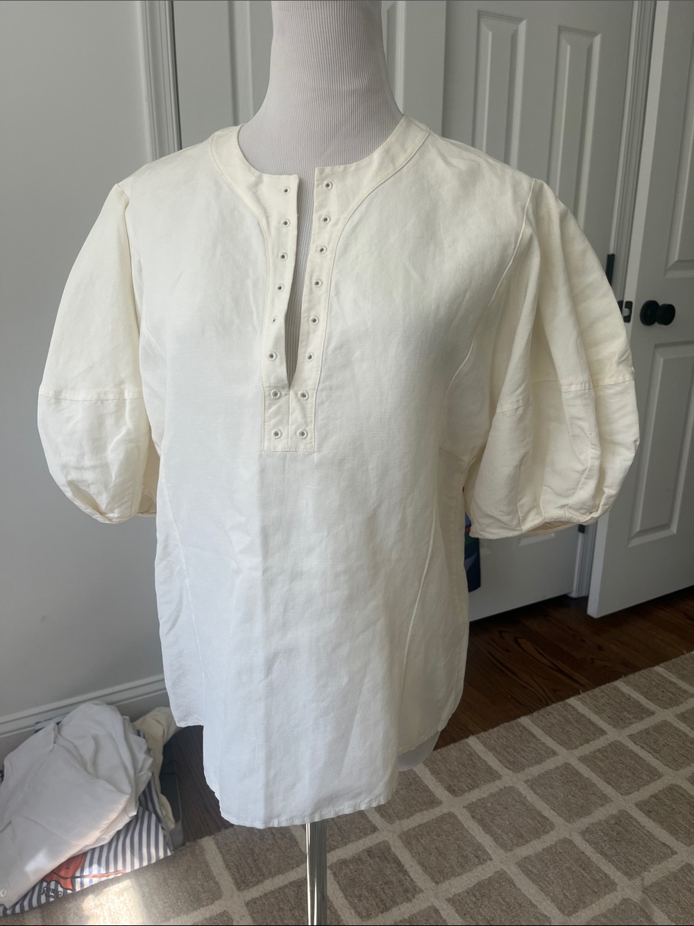 Chloe Cream Puff-Sleeve Eyelet-Trim Blouse